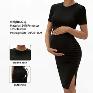 Maternity Dress Short Sleeve Round Neck Slim Fit Side Slit Ruched Stretchy Polyester Spandex Casual Commute Women