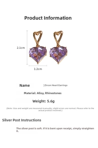 Detail of purple heart zircon earrings with gold plating and dimensions showing size