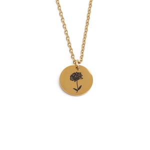 Detailed close-up of golden stainless steel necklace with engraved floral pendant design