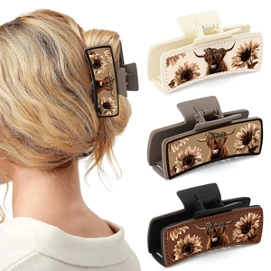 Square PU leather hair clips featuring highland cow and sunflower patterns set of 4