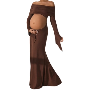 Brown off-shoulder maternity maxi dress with long sleeves and belly cutout design