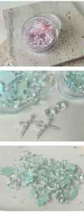 Detail of K9 crystal nail charms with pastel pink and mint green rhinestones