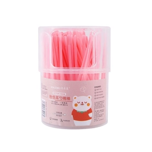 Pink double-headed cotton swabs with spoon tip in a 100-count round storage box
