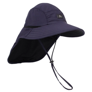 Detail of navy blue quick-dry outdoor sun hat with neck flap and wide brim.