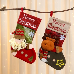 Linen Christmas stockings set with Santa and Reindeer figures for festive home decoration