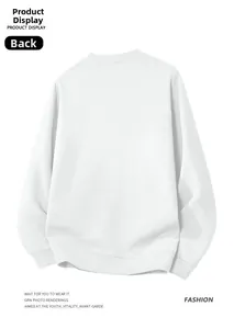 Back view of white crewneck fleece sweatshirt with ribbed cuffs and hem detail