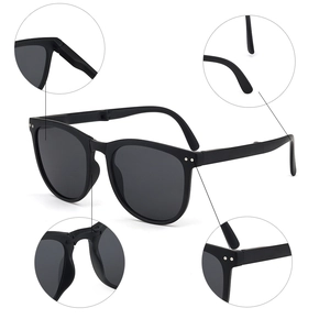 UV400 polarized folding sunglasses with oval frame and detailed structural close-ups