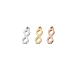 Infinity symbol jewelry connectors in silver, gold, and rose gold polished metal finish