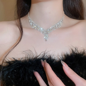 Detail of luxury silver fringe necklace with drop diamonds worn on a model for elegant events