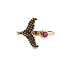 Adjustable gold mermaid tail ring with colorful zircon pave and a round red crystal gem