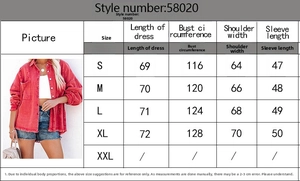 Detailed size chart for long sleeve distressed denim jacket with frayed edges and fit guide