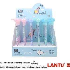 Detailed view of 36-pack cartoon non-sharpening pencils with whistle caps in macaron colors