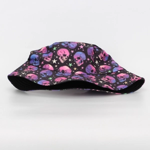Detailed close-up of colorful skull and star patterns on this black bucket hat