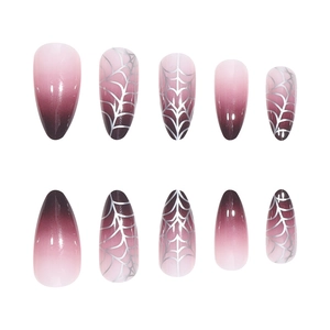 Gradient purple spider web press-on nails in medium almond shape for Halloween