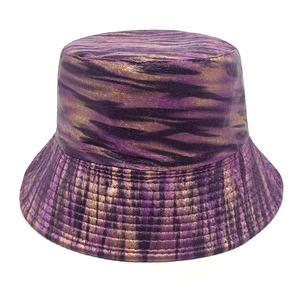 Detail of purple and bronze tiger stripe bucket hat with reinforced stitching on brim