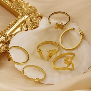 Minimalist adjustable gold stainless steel rings with butterfly and heart patterns