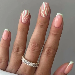 Press On Nails French Tip Pink White Wave Pattern Ballerina Shape Glossy Long False Nails For Women
