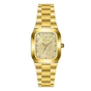 Elegante goldene quadratische Damenuhr mit Sonnenschliff-Zifferblatt und Strass