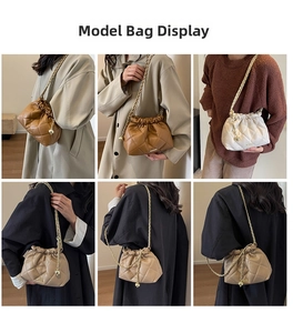 Multiple views of quilted cloud chain bag in brown, beige, and khaki with gold accents