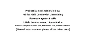 Detail view of plaid cotton lunch bag showing magnetic closure and dimensions