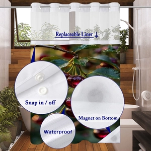 Waterproof waffle shower curtain with floral print, snap-in liner, and magnetic weighted bottom
