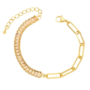 Gold-plated chain bracelet with baguette-cut champagne zircon stones and lobster clasp