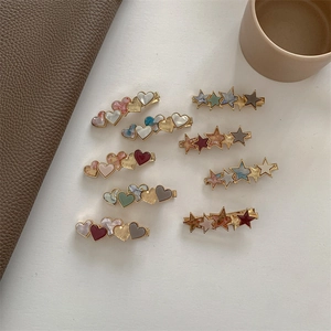 Vintage heart and star acetate hair clips with gold metal base in multi-color sets