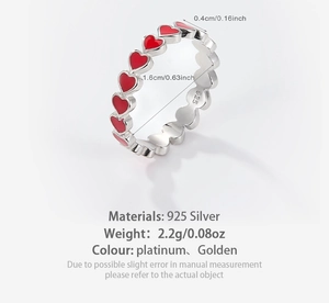 Detailed view of 925 silver heart ring with red enamel inlay and material specs