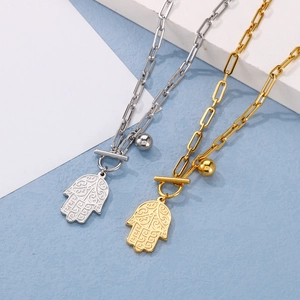 Hamsa Hand pendant necklaces in gold and silver finish with OT toggle clasp and paperclip chain