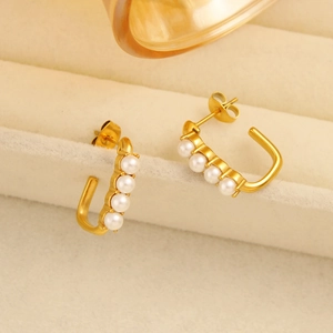 Elegant gold U-shaped earrings with pearls minimalist stainless steel jewelry design