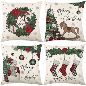 Set of 4 Christmas linen pillow covers featuring festive tree, snowman and wreath designs