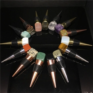 Natural crystal cube wine stoppers set with assorted semi-precious stone tops and metal base