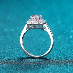 Luxury S925 silver double halo ring with 1 carat round pink moissanite and pave band