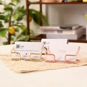 Golden minimalist metal business card holder with U-shaped iron wire office desk stand
