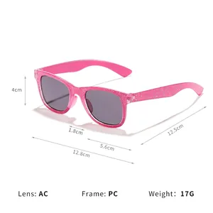 Pink glitter square frame kids sunglasses with grey lenses and detailed size specs