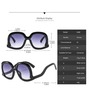Size chart and specifications for oversized fashion sunglasses with PC frame and purple lenses