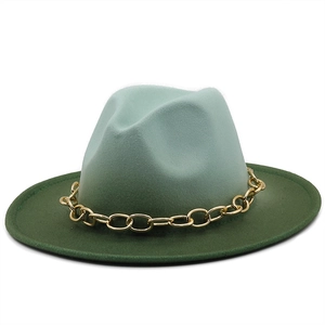 Two-tone green wool fedora hat with a chunky gold chain band for men and women