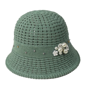 French elegant knit sun hat with pearls and floral decor in sage green