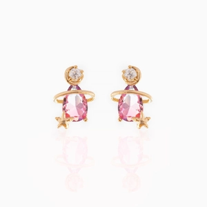 Detailed view of pink teardrop crystal earrings with gold star and planet ring accents