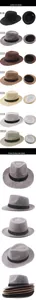 Detail of wide brim straw jazz hats in seven colors with black decorative ribbon bands