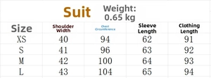 Detailed size chart for double-breasted long blazer showing measurements from XS to L