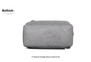 Detailed bottom view of gray business backpack showing durable woven fabric texture