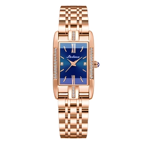 Elegant Women Quartz Watch Rectangular Dial Rhinestone Accent Alloy Stainless Steel Band Luxury Fashion Wristwatch Analog