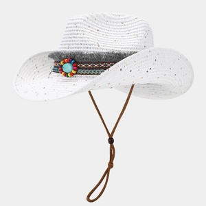 White woven straw cowboy hat with colorful beads and turquoise stone accent