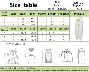 Size chart for high waist popcorn fabric skirt with metric and imperial measurements