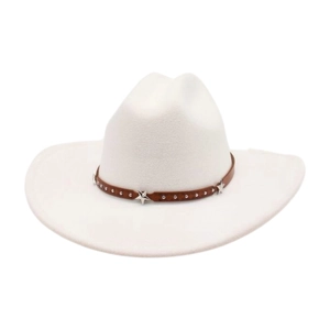 White felt western cowboy hat with brown leather belt and silver star studs decorations