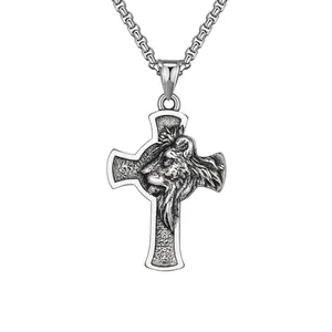 Vintage stainless steel cross necklace with lion head pendant and classic box chain