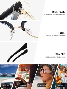 Detail view of silicone nose pads and reinforced gold metal hinges on cat eye glasses