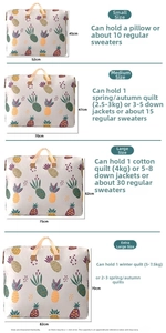 Size chart for non-woven storage bags showing dimensions and capacity for quilts and clothes