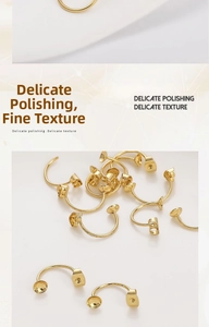 Close-up of polished 14K gold plated C-shaped earring component with smooth metal finish